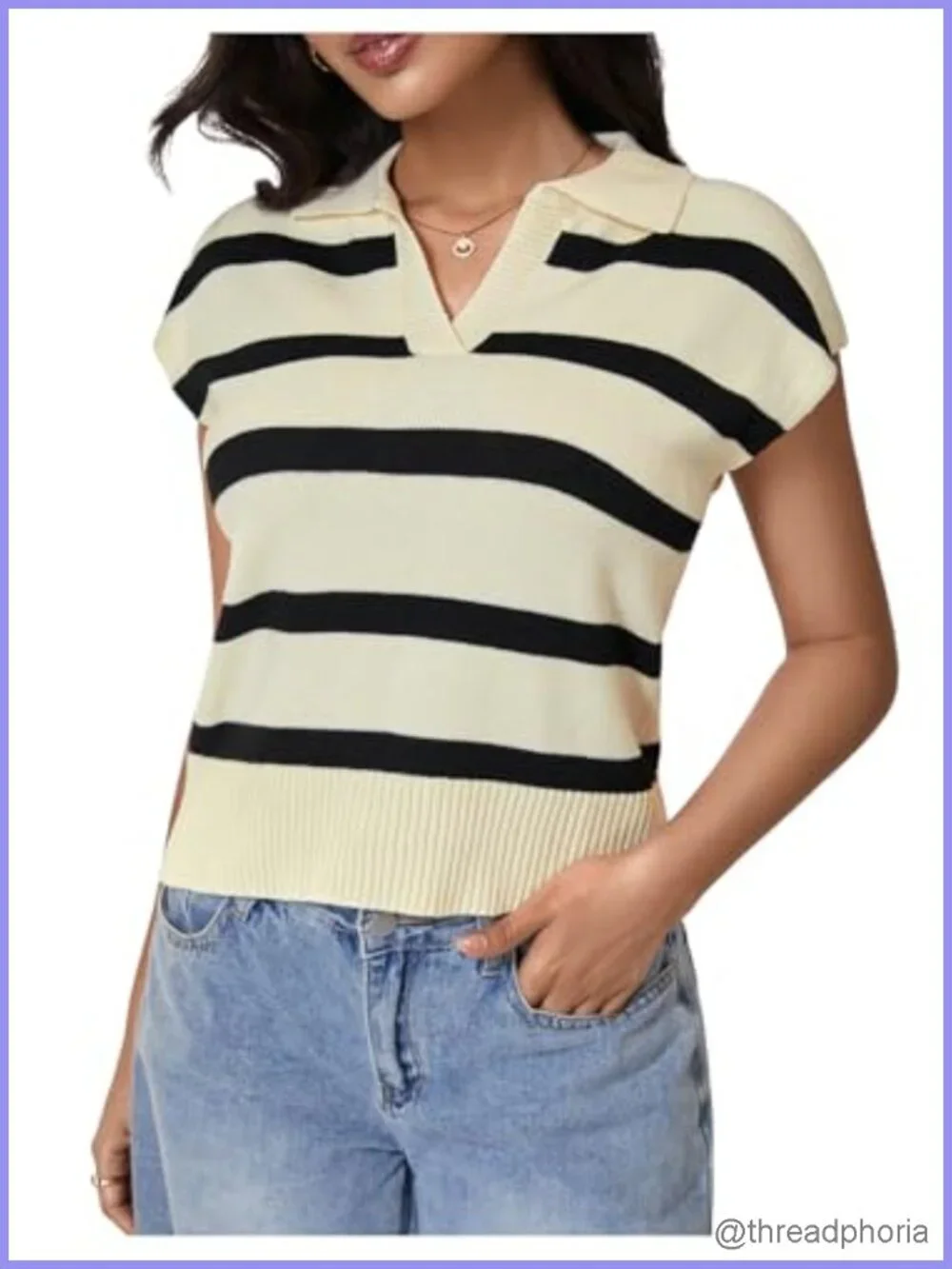 Striped Sweater Vest with Cap Sleeve Collared Neck Ribbed Knit